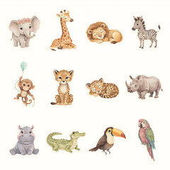 Fototapeta premium Wildlife collection featuring cute baby animals and tropical birds is arranged in a grid for nursery art decor.