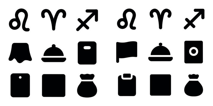 Astrology and kitchen concept icons with zodiac signs, cutting board and bag for mobile app design in solid icon style