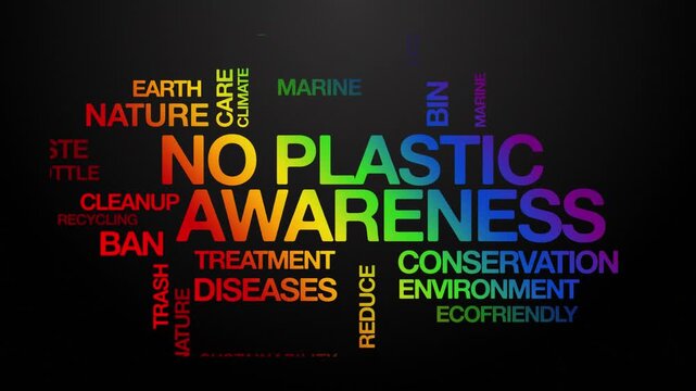 No plastic awareness concept Animated Tag Word Cloud kinetic typography, Text Design Animation typography seamless loop video motion graphics Intro Wordart plastic free rainbow type on black backgroun