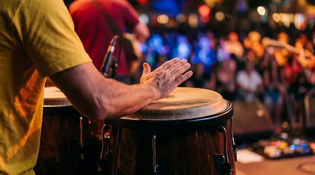 Close up of a musician playing a wooden conga drum at a vibrant outdoor music festival with a blurred audience in the background, at night
