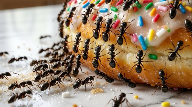 Swarming ants on sweet glazed donut kitchen countertop
