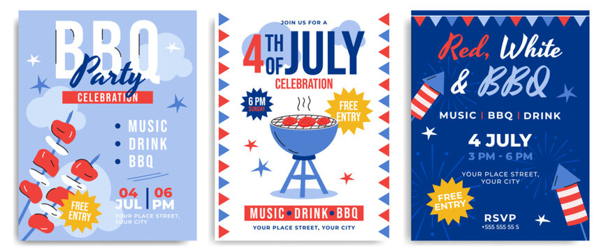 4th of July invitation templates set. Independence Day BBQ party flyers and celebration posters collection. Vector illustration