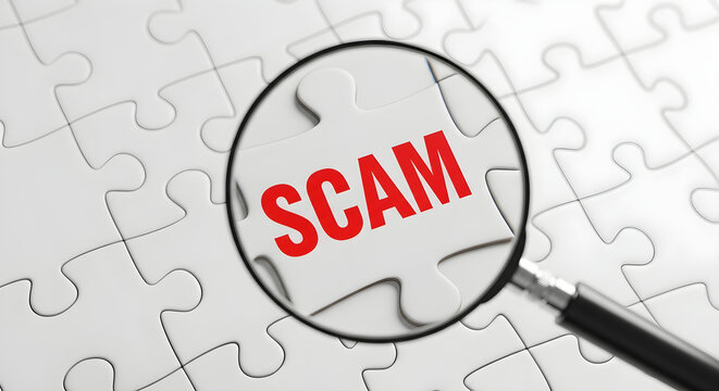 A magnifying glass reveals the word SCAM on a jigsaw puzzle piece