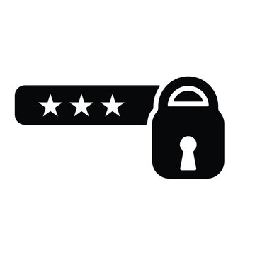 Secure login and password protection concept: Black vector padlock icon with secret input field displaying three hidden code stars or asterisks