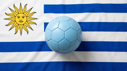 Naklejka premium Uruguay football pride light blue ball foreground, Sun of May emblem, striped flag backdrop, national unity, athletic passion, heritage.