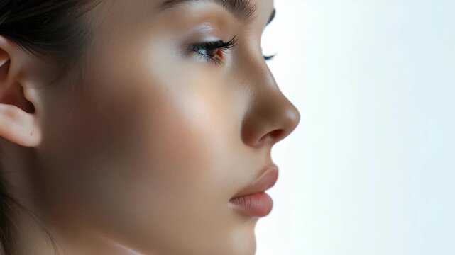 Close-up of a woman's face in profile. She has clear skin, delicate features, and light makeup. The shot is taken in soft, flattering light against a simple white backdrop. Focus on natural beauty.