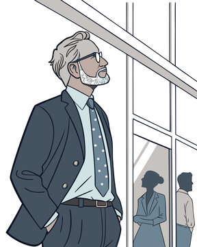 Senior businessman in suit looking out window of modern corporate office, successful male leader thinking, vector line art illustration