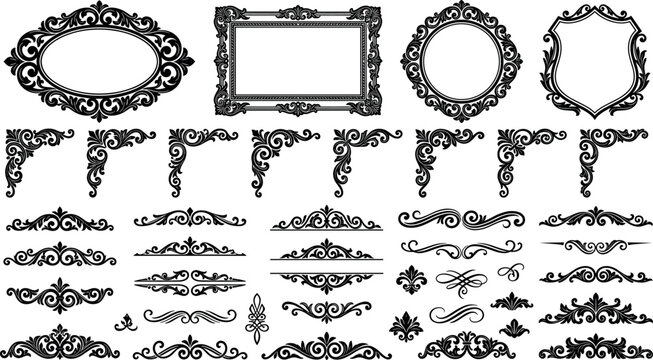 Vintage baroque frames and decorative ornament collection featuring filigree corners borders and dividers isolated on white background for luxury design