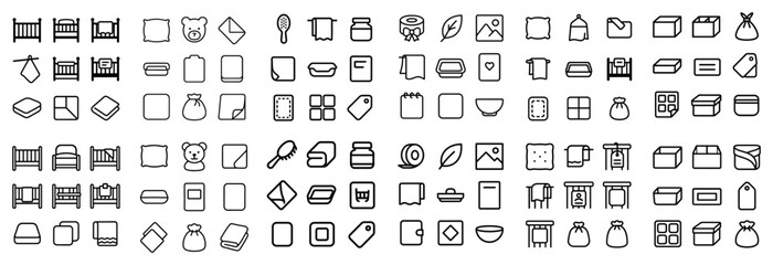 Fototapeta premium Childcare and home essentials icon set with crib pillow tag for dashboard interface in outline vector art