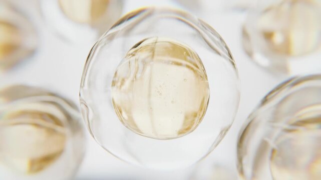 Luxury golden serum liquid bubble. Beauty cosmetics macro 3D abstract background. Bio moisturizer essence gel or oil drop. Collagen fluid molecule. Moisturizing peptide face cream. Skin lifting lotion