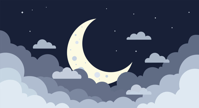 Dreamy crescent moon vector scene with stars, dark blue sky, and layered pastel clouds, ideal for bedtime themes, nursery decor, greeting cards, posters, stickers, and peaceful night designs.