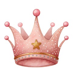 Watercolor illustration of a pink princess crown decorated with a golden star and polka dots isolated on white