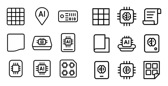 Artificial intelligence and technology concept icons with brain chip, microchip and document for infographic design in outline style