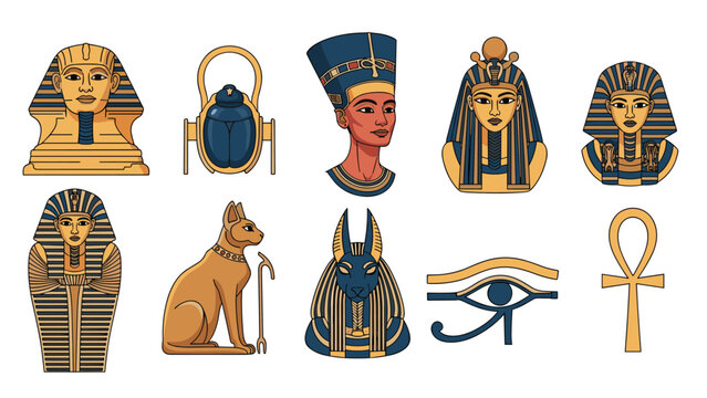 An extensive collection of ten iconic ancient Egyptian symbols and artifacts, featuring pharaoh busts, a sarcophagus, scarab beetle, and Anubis.