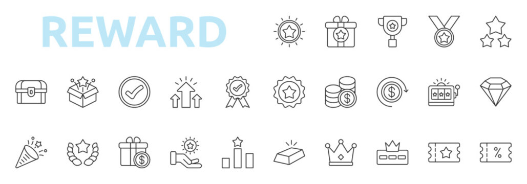 Reward and Achievement icon set outline style with success, winner, bonus, trophy, medal, award, loyalty, incentive icons
