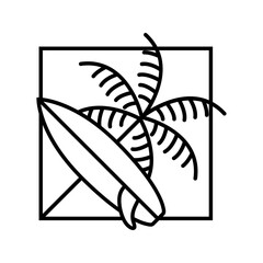 Logo agencia de viajes. Vacaciones de verano. Dibujo minimalista con líneas de una palmera y una tabla de surf en diagonal en un marco cuadrado © teracreonte