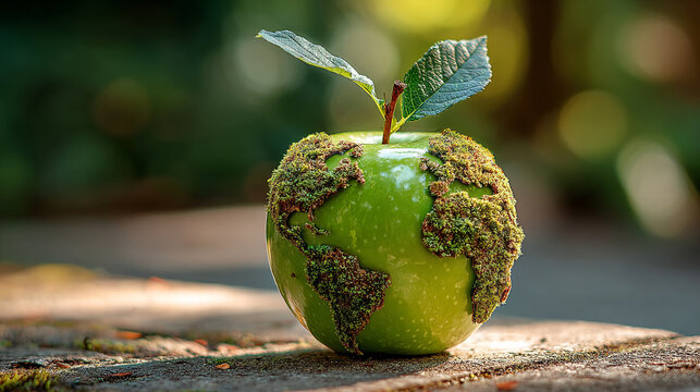 Green apple with world map texture and sprout for environmental sustainability