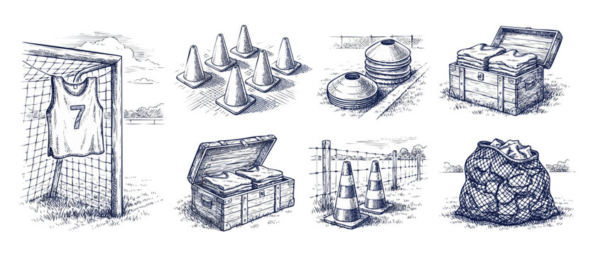 Vintage sports training equipment illustrations showcasing soccer goal net, training cones, athletic jerseys in wooden chests, fitness gear hand drawn sketch style for soccer practice field exercises.