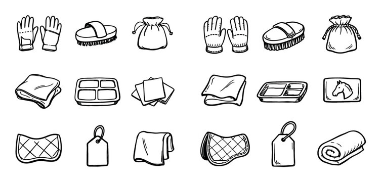 Cleaning and horse riding concept icons with gloves, brush and saddle pad for presentation design in hand drawn style