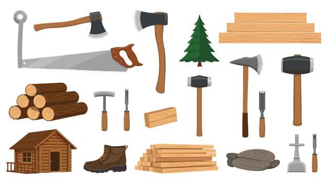 An extensive collection of various logging and carpentry tools, including saws, axes, hammers, different wood piles, and a small log cabin.