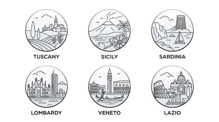 Minimalist icons representing famous italian regions and landmarks © Isun