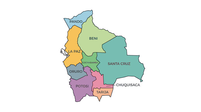 Political map of bolivia with colorful labeled departments