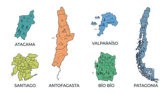 Regions of chile maps with cultural and geographic icons