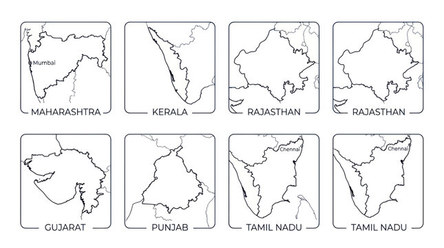 Minimalist map outlines of indian states like rajasthan and gujarat