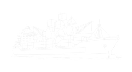 Fototapeta premium Outline Sketch of a Large Cargo Ship or Freighter on Water
