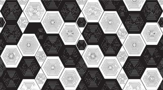 Seamless Black and White Geometric Pattern with Abstract Isometric Cube Blocks and 3D Optical Grid