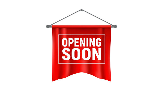 Red Opening Soon Banner Sign with Black Text on Isolated Black Background with Gray String