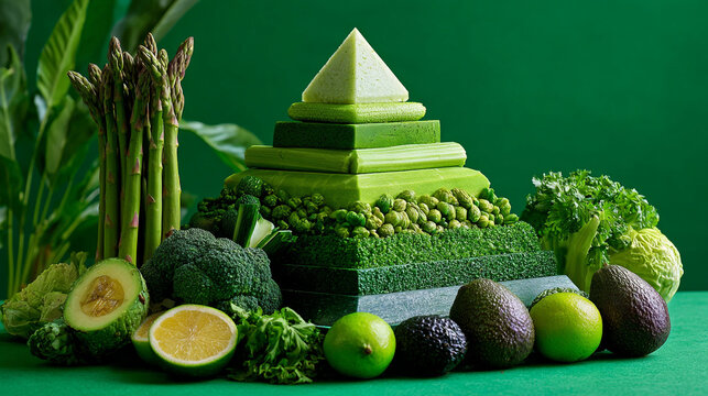 Architectural food pyramid constructed from healthy green produce with nutrition