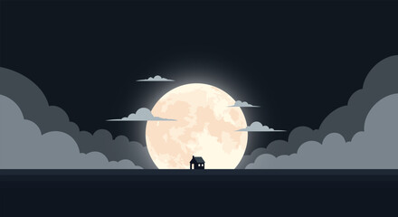 Minimal night landscape vector background with glowing full moon, dark sky, layered clouds, and small seated silhouette, ideal for posters, banners, wallpapers, story scenes, and calm evening designs. © VectorBloomX