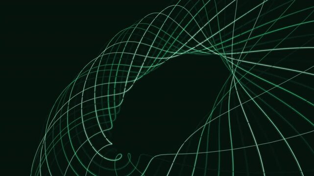 luminous emerald green parametric torus knot constructed from glowing line strips expands and contracts in a gentle breathing motion against a near-black abyss. Seamless 4K loop.