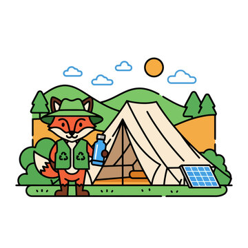 A charming fox character in a hat and vest, holding a water bottle, ready for an outdoor adventure.