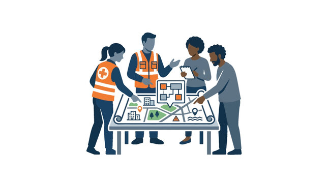 Diverse team of emergency responders planning operations on a digital map table.