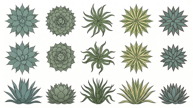 Agave Plant Collection Desert Landscape Architecture Succulent CAD Symbols Plan Elevation View Vector Set