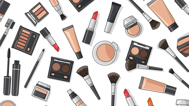 Stylish seamless pattern featuring an array of makeup products, including lipsticks, brushes, eyeshadow palettes, and foundation, for beauty enthusiasts.
