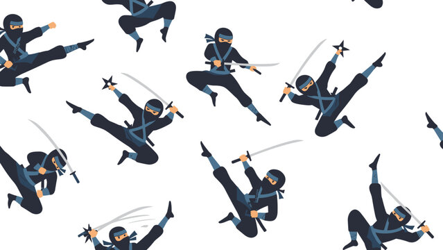 Dynamic seamless pattern featuring agile ninjas in various action poses, wielding swords and shurikens, symbolizing martial arts and stealth.