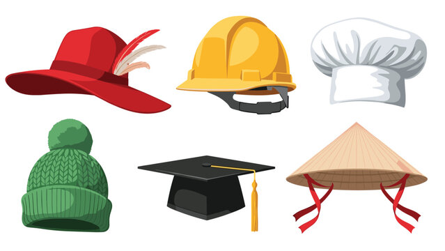 Diverse collection of hats and headwear, including a stylish fedora, construction helmet, chef's hat, knitted cap, graduation cap, and Asian conical hat.