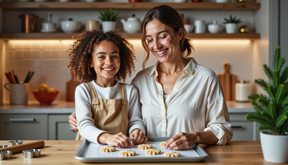 Fototapeta premium Mother and daughter baking cookies together in a cozy kitchen 