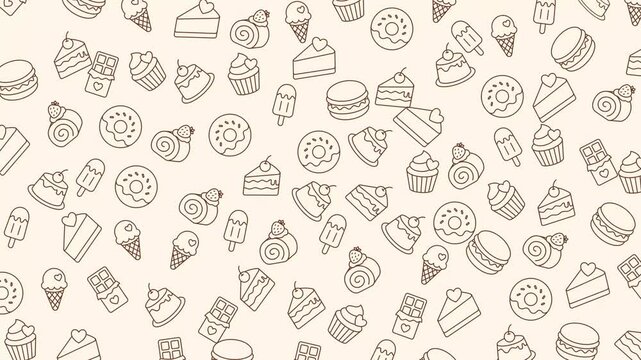 Sweet dessert illustrations of donuts, cakes, cupcakes, and macarons in charming brown line art style. Suitable for food and bakery designs.