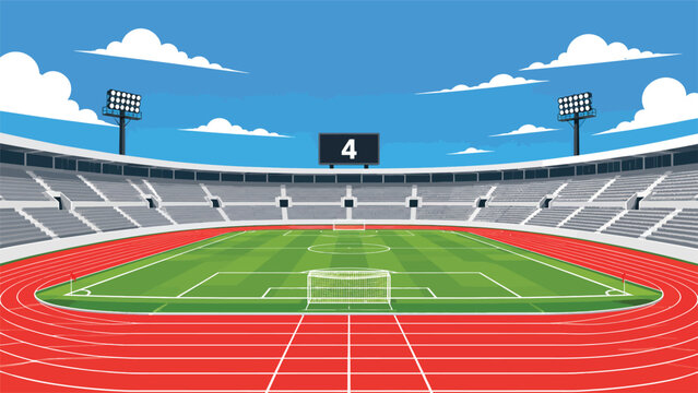 Vibrant vector illustration of a modern soccer stadium featuring a green pitch and red running track under blue skies