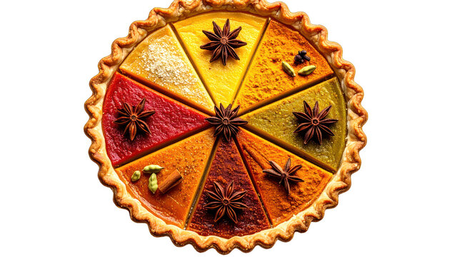 A delicious and aromatic pie sliced into wedges, each seasoned with a unique spice, creating a vibrant and flavorful dessert experience