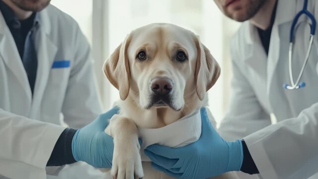 A Labrador Retriever is currently undergoing a detailed examination by compassionate veterinarians, who are providing attentive and professional care during this important routine health checkup