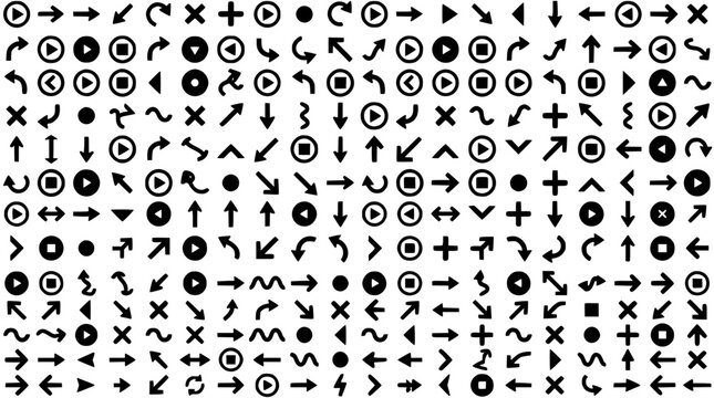 Geometric Symbols and Arrows Icon Set with Circles Crosses Triangles Plus Signs in a Monochrome Pattern