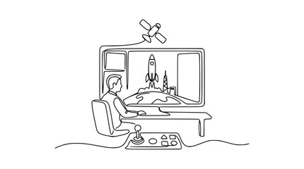 Man playing space rocket launch video game on computer with joystick © Tani