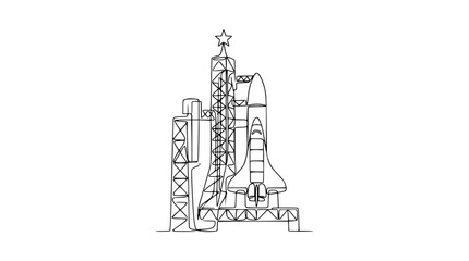 Obraz premium Space Shuttle on Launchpad, Continuous Line Art Drawing, Isolated on White Background