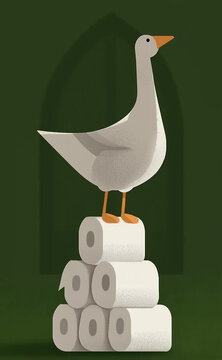 Cute Cartoon Goose with Toilet Paper Isolated on Green