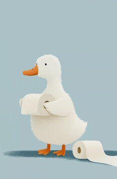 Cute Cartoon White Goose Holding a Toilet Paper Roll 